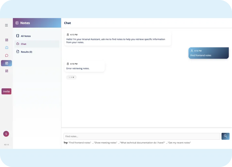 Chat interface of ORO AI's Notes app displaying a conversation with the AI assistant, including prompts for retrieving notes and an error message.